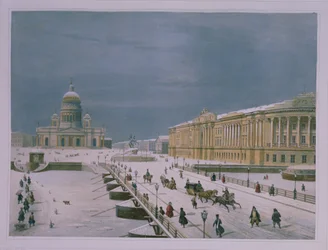 Die Isaak-Kathedrale und der Senatsplatz in St. Petersburg, 1840er Jahre (Farblithografie)